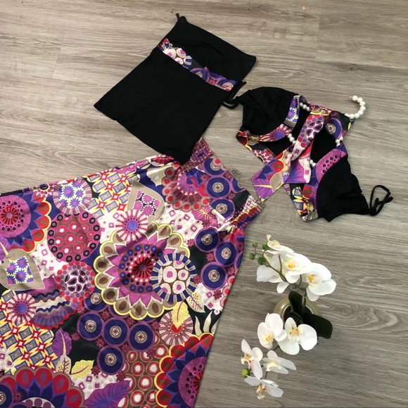 Dresses & Skirts - France| Purple Shades Printed Satin 3 Pieces Suit